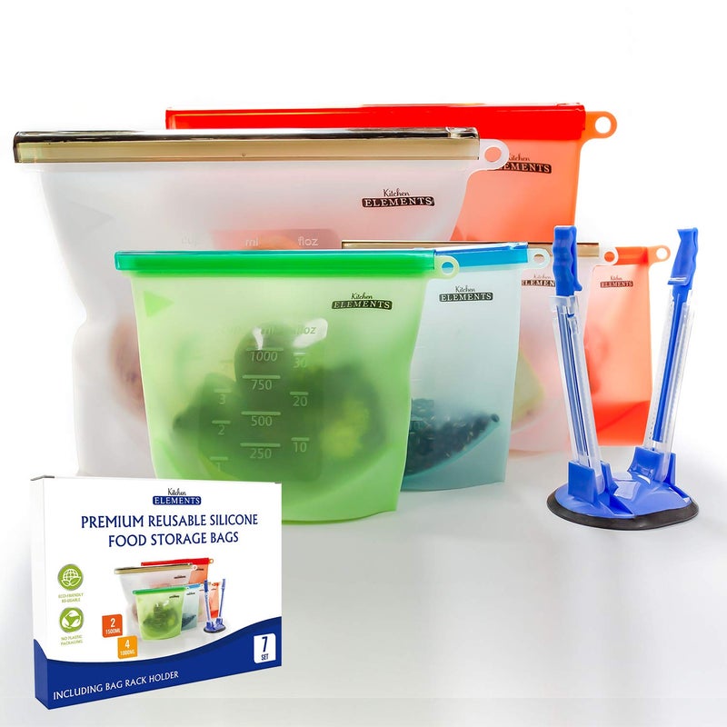 Reusable Silicone Food Storage Bags 7 Set  4 x 1000ml  2 x 1500ml  Bonus Bag Rack Holder  Freezer Microwave  Dishwasher Safe  for Soups Sandwiches  More  by Kitchen Elements