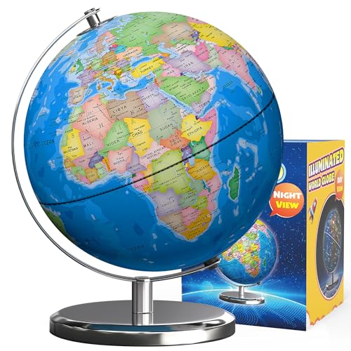 Waldauge Illuminated World Globe with Stand, 9" Earth Globes with Stable Heavy Metal Base for Kids Classroom Learning, LED Constellation Globe Night Light with HD Printed Map - Image 1