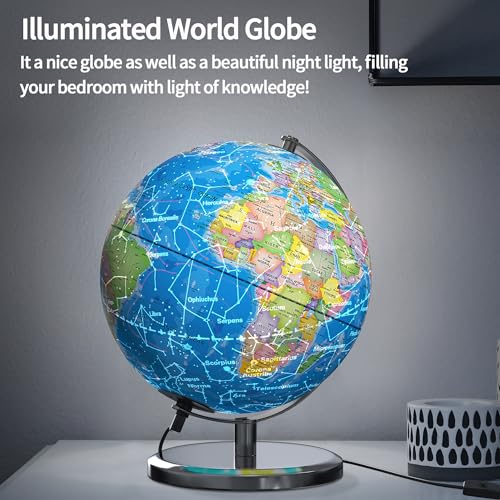 Waldauge Illuminated World Globe with Stand, 9" Earth Globes with Stable Heavy Metal Base for Kids Classroom Learning, LED Constellation Globe Night Light with HD Printed Map - Image 2