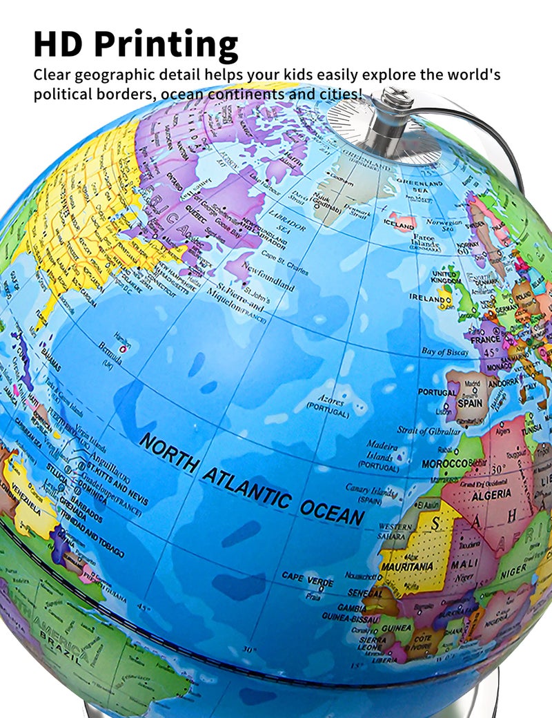 Waldauge Illuminated World Globe with Stand, 9" Earth Globes with Stable Heavy Metal Base for Kids Classroom Learning, LED Constellation Globe Night Light with HD Printed Map - Image 4
