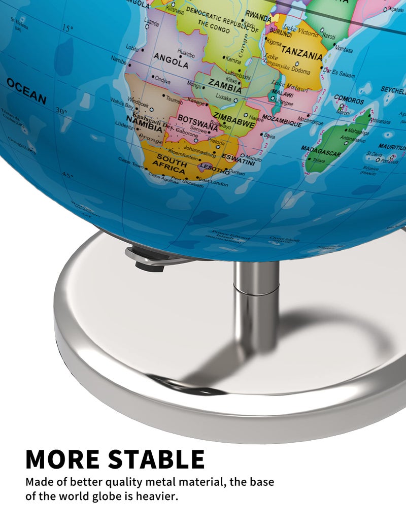 Waldauge Illuminated World Globe with Stand, 9" Earth Globes with Stable Heavy Metal Base for Kids Classroom Learning, LED Constellation Globe Night Light with HD Printed Map - Image 5