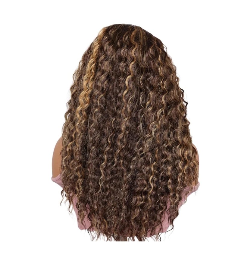 26inch Kinky Curly Highlight Brown Lace Front Wig - 180Density Super Soft Synthetic Glueless Heat - Image 1