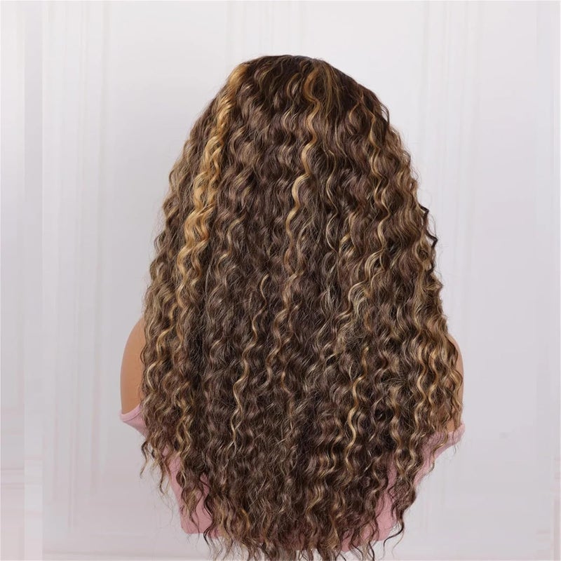 26inch Kinky Curly Highlight Brown Lace Front Wig - 180Density Super Soft Synthetic Glueless Heat - Image 3