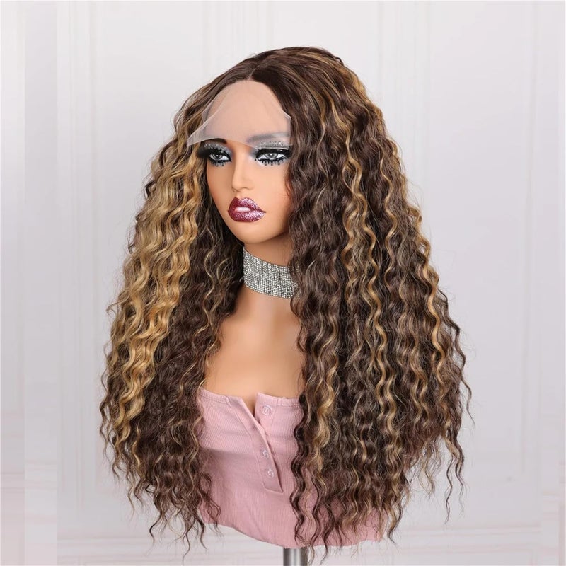 26inch Kinky Curly Highlight Brown Lace Front Wig - 180Density Super Soft Synthetic Glueless Heat - Image 2