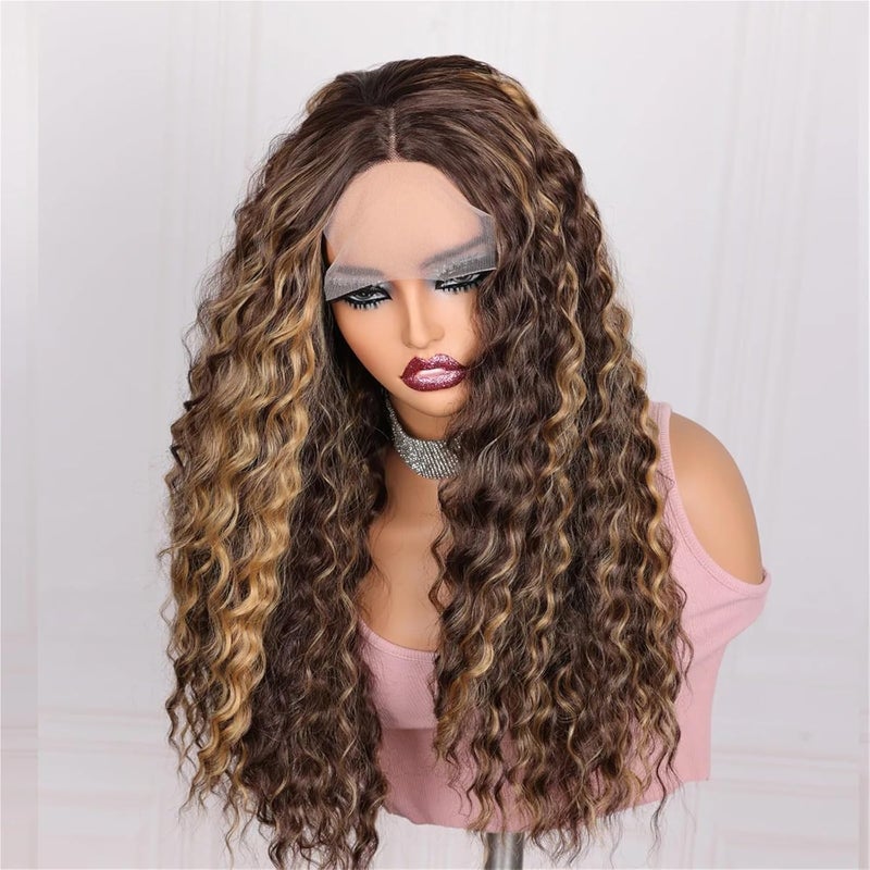 26inch Kinky Curly Highlight Brown Lace Front Wig - 180Density Super Soft Synthetic Glueless Heat - Image 4