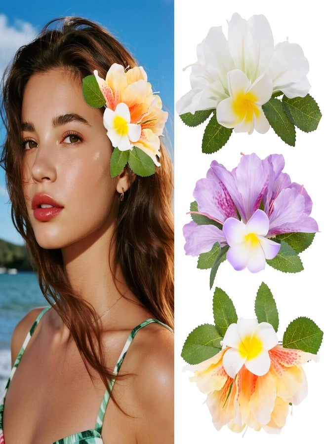 yeabwps 3 Hawaiian Flower Hair Clips for Women Artificial Tropical Flower Hair Clips 5 Inch Floral Hair Barrettes for Summer Vacation Beach Party Girls Holiday Gifts (White Yellow Purple) - Image 1