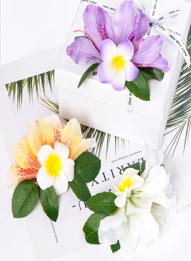 yeabwps 3 Hawaiian Flower Hair Clips for Women Artificial Tropical Flower Hair Clips 5 Inch Floral Hair Barrettes for Summer Vacation Beach Party Girls Holiday Gifts (White Yellow Purple) - Image 4