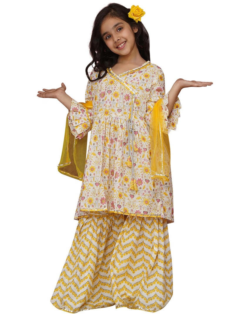 AJ DEZINES Girls Yellow Floral Print 3/4 Sleeve Kurti Set | Cotton Sharara Suit | Ethnic Wear for Girls | Stylish Salwar Suit Set for Festivals (G-1160-YELLOW-6-7Y-26) - Image 1
