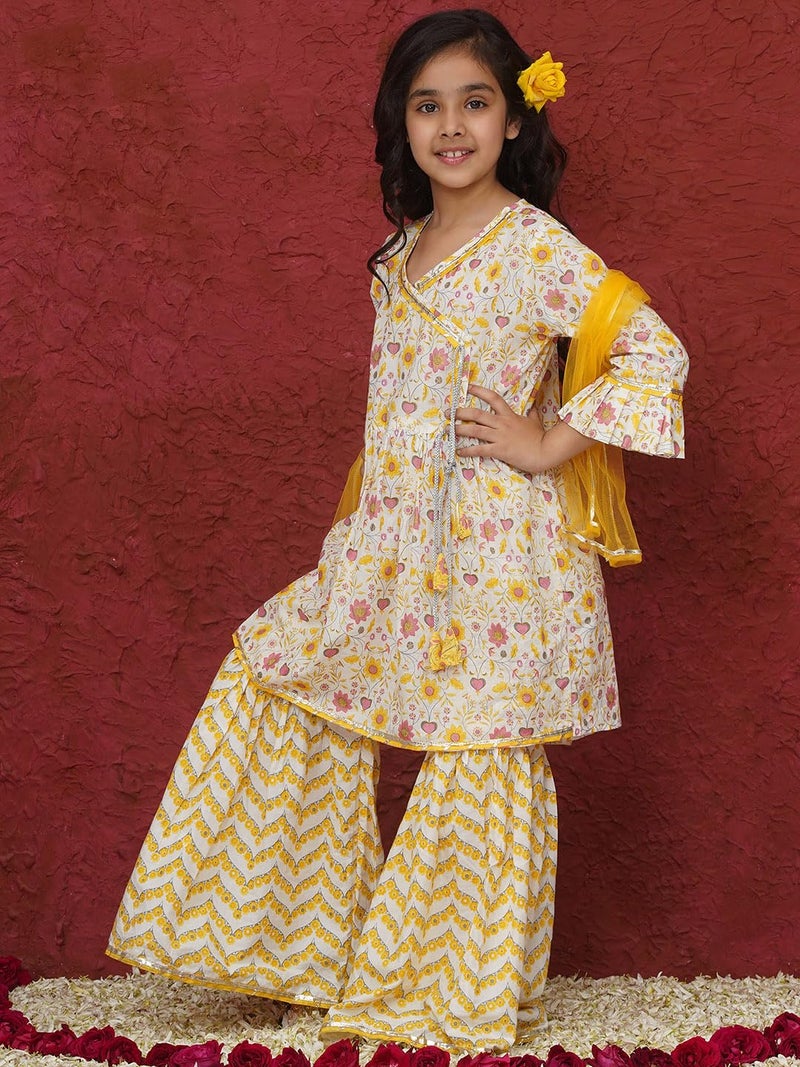 AJ DEZINES Girls Yellow Floral Print 3/4 Sleeve Kurti Set | Cotton Sharara Suit | Ethnic Wear for Girls | Stylish Salwar Suit Set for Festivals (G-1160-YELLOW-6-7Y-26) - Image 5