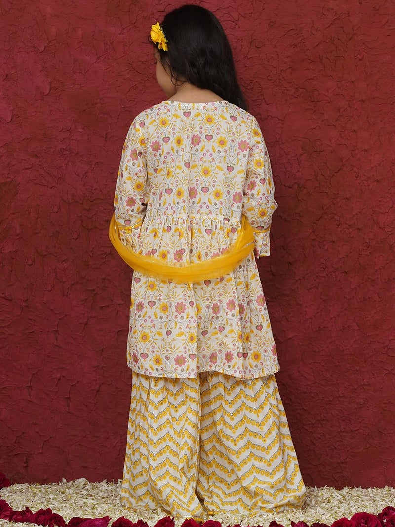 AJ DEZINES Girls Yellow Floral Print 3/4 Sleeve Kurti Set | Cotton Sharara Suit | Ethnic Wear for Girls | Stylish Salwar Suit Set for Festivals (G-1160-YELLOW-6-7Y-26) - Image 3