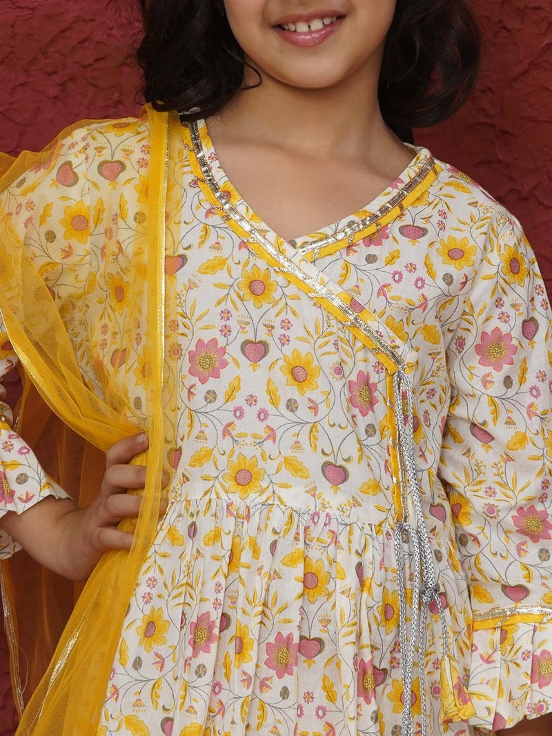 AJ DEZINES Girls Yellow Floral Print 3/4 Sleeve Kurti Set | Cotton Sharara Suit | Ethnic Wear for Girls | Stylish Salwar Suit Set for Festivals (G-1160-YELLOW-6-7Y-26) - Image 4