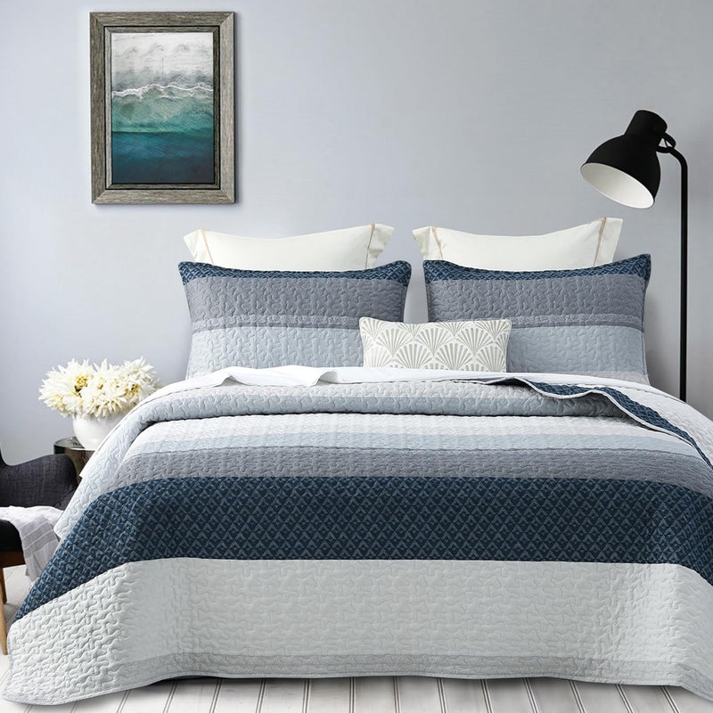 DURLENGEN Quilt Set California King Size 3Pcs Blue  Navy Striped Patchwork Pattern All Season Lightweight Coverlet SetsCal King 112x104 Blue Patchwork