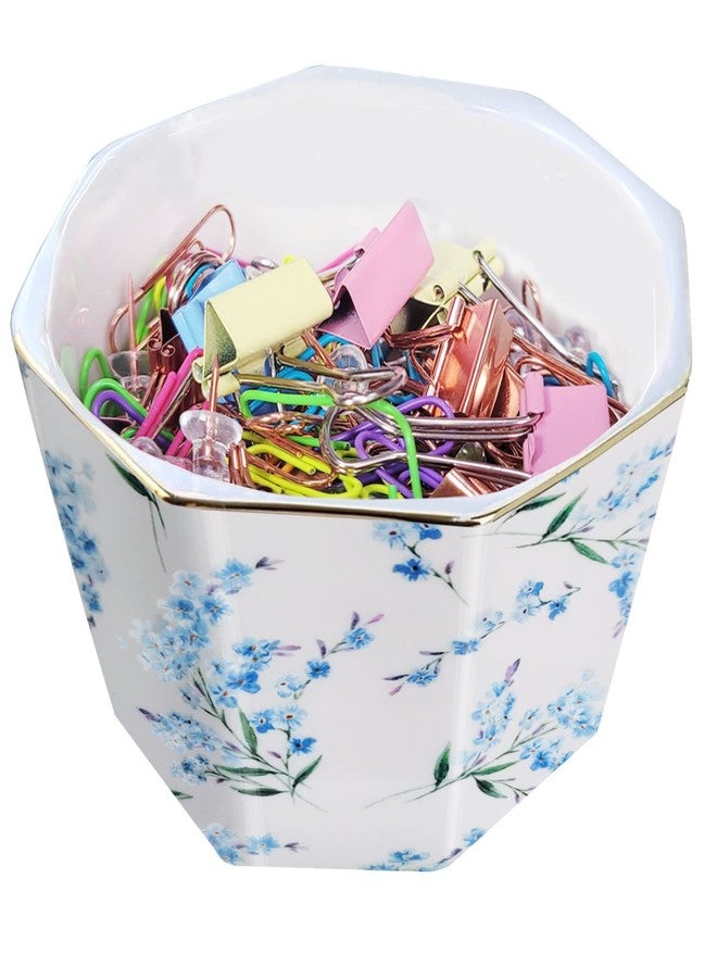 LEAZUL Ceramic Paper Clip Holder With Gold Line Geometric Floral Paper Clip Dispenser for Desk Cute Paper Clip Organizer Office Binder Clip Holder Gift for Office Blue Flowers - Image 1