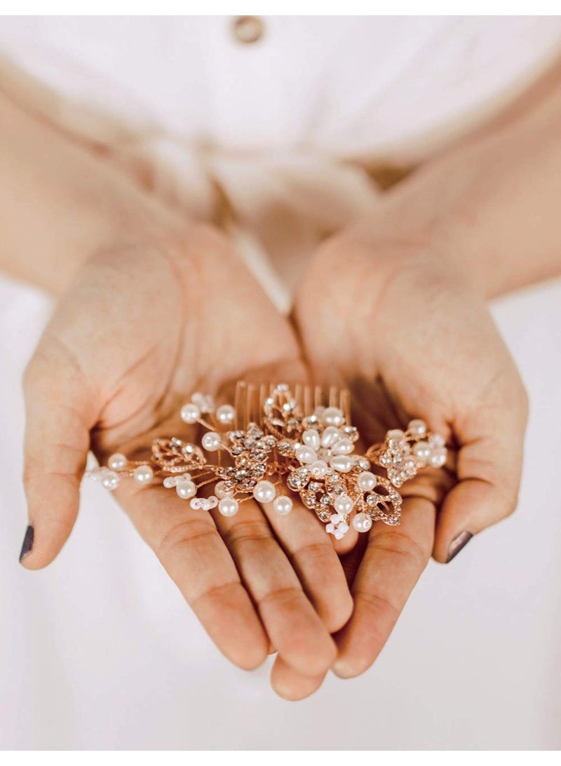 Zikra Bridal Hair Comb Rhinestone Wedding Hair Accessories Pearl Hair Clip for Bride Bridesmaid, Rose Gold - Image 5