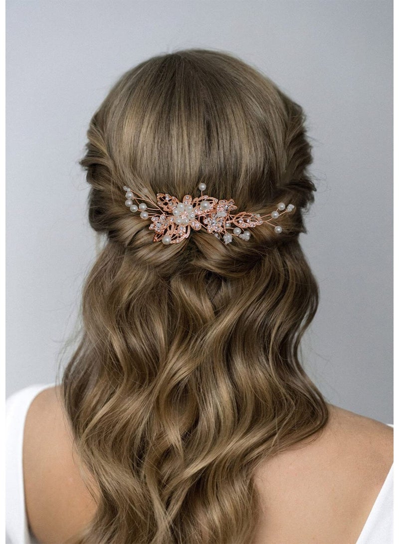 Zikra Bridal Hair Comb Rhinestone Wedding Hair Accessories Pearl Hair Clip for Bride Bridesmaid, Rose Gold - Image 3