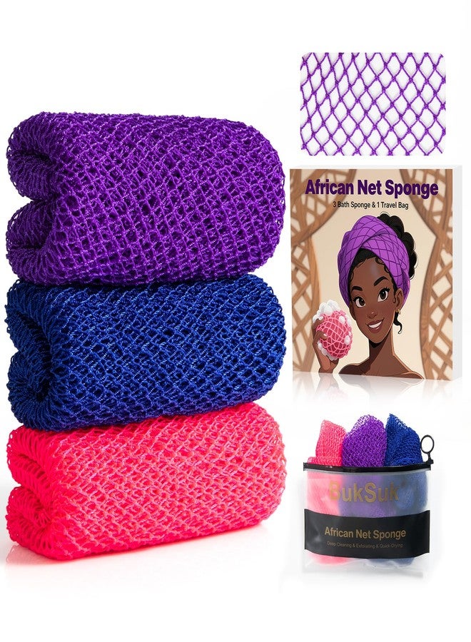 BukSuk Authentic African Net Sponge (3 Pack) - Extra Long Nylon Exfoliating Body Scrubber for Back & Smooth Skin - Quick Drying & Durable Bath Net - Washable & Stretchable (Includes Storage Bag) - Image 1