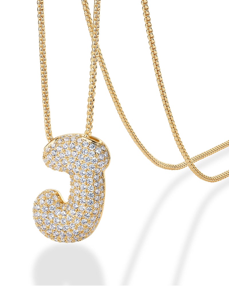 PAVOI 14K Yellow Gold Plated Cubic Zirconia Bubble Letter Initial Necklaces for Women - Gold Balloon and Chunky Pendant Necklaces - Letter J - Image 1