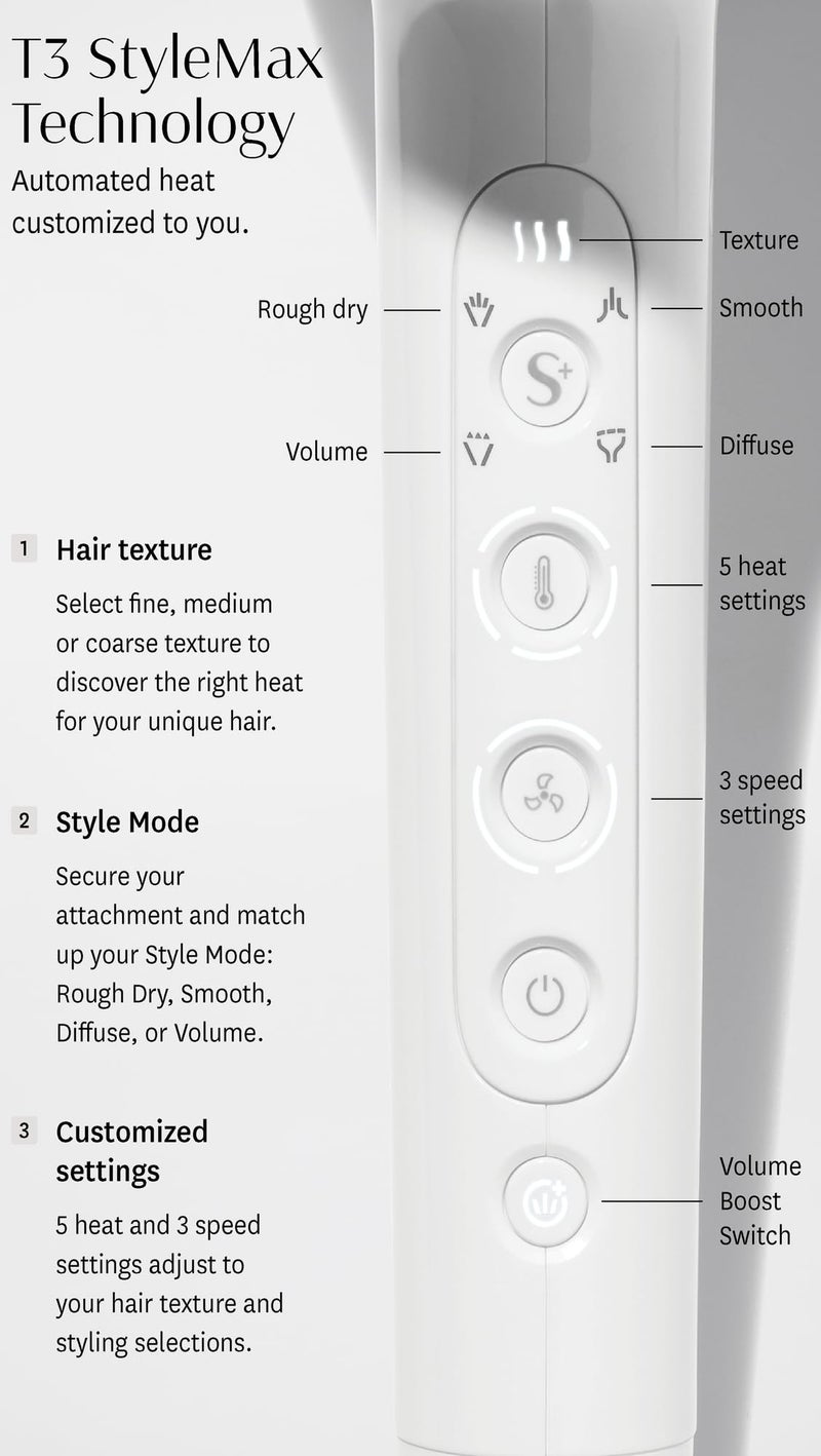 T3 Featherweight StyleMax Professional Ionic Hair Dryer with Custom Heat Automation & 4 Attachments, Fast Drying, Lightweight with 5 Heat & 3 Speed Settings, 2 Concentrators, Diffuser & Smoothing Comb - Image 5