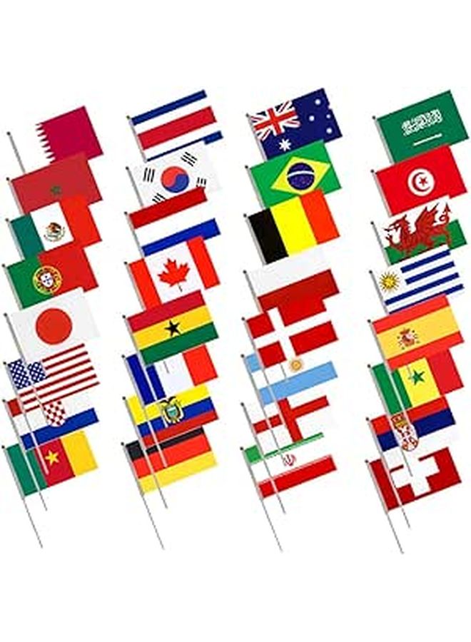 32 Pcs Handheld National Flags with Pole Polyester 21x14cm Football Fan Cheering Accessories for Supporters - Image 1