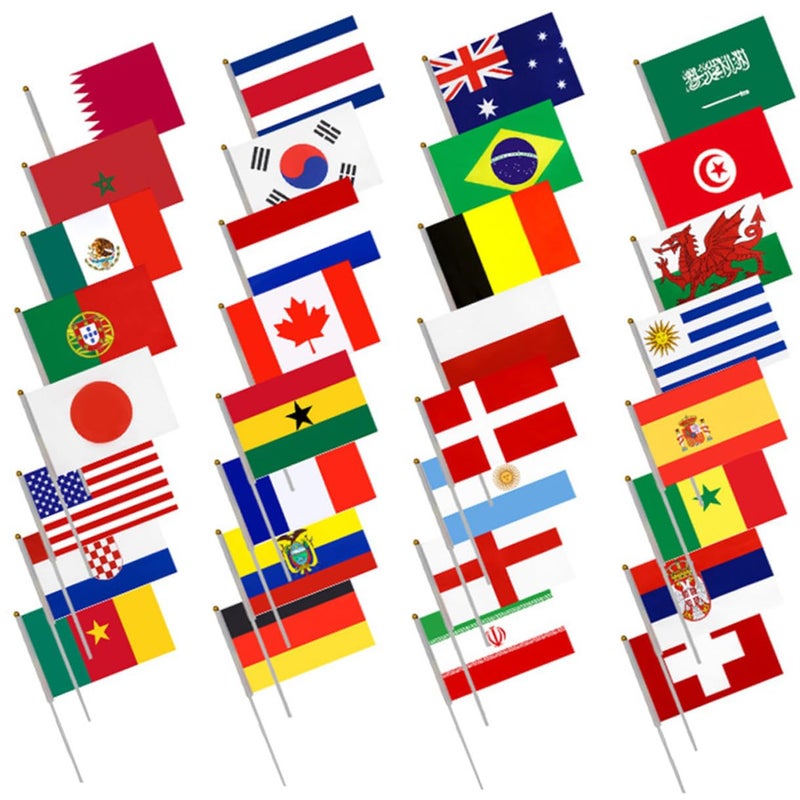 32 Pcs Handheld National Flags with Pole Polyester 21x14cm Football Fan Cheering Accessories for Supporters - Image 2