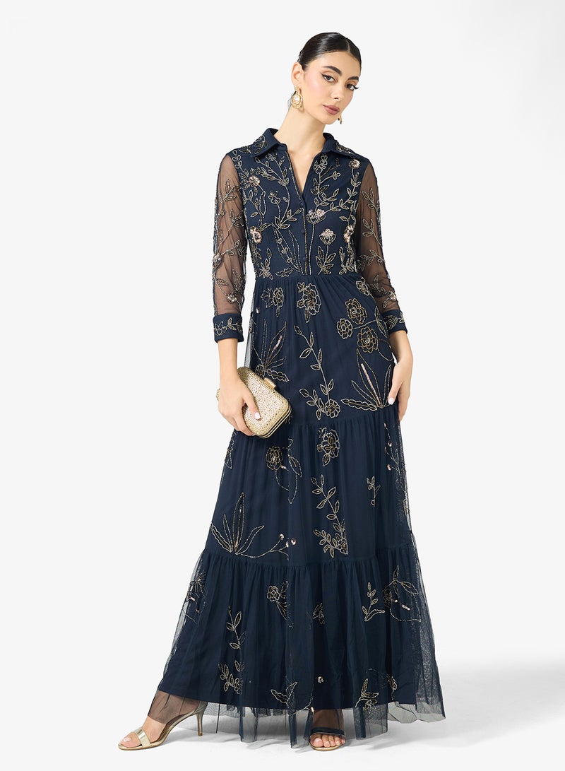 Adrianna Papell Embellished Long Sleeve Maxi Shirt Dress - Image 1