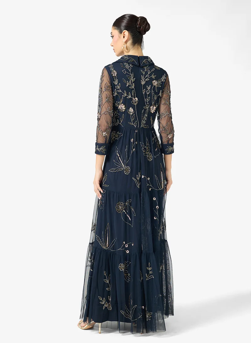 Adrianna Papell Embellished Long Sleeve Maxi Shirt Dress