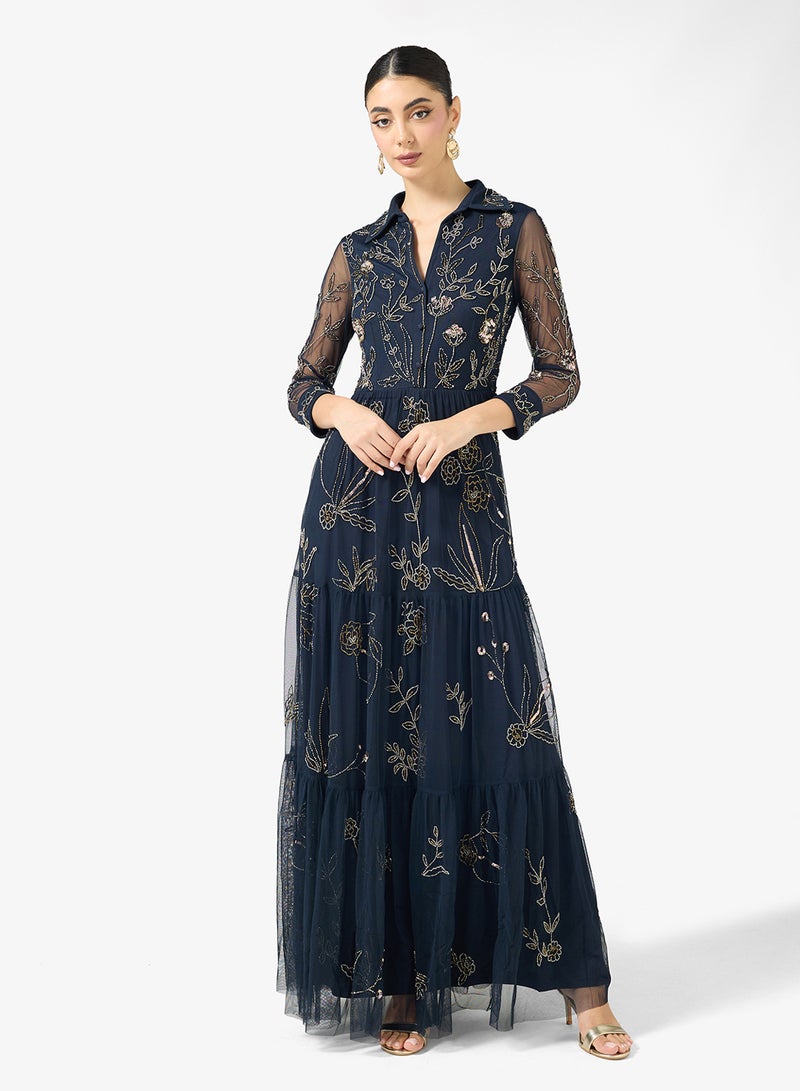 Adrianna Papell Embellished Long Sleeve Maxi Shirt Dress - Image 4