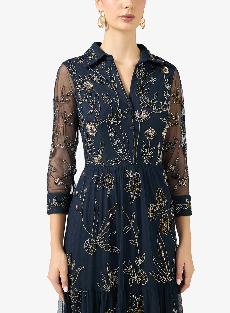 Adrianna Papell Embellished Long Sleeve Maxi Shirt Dress