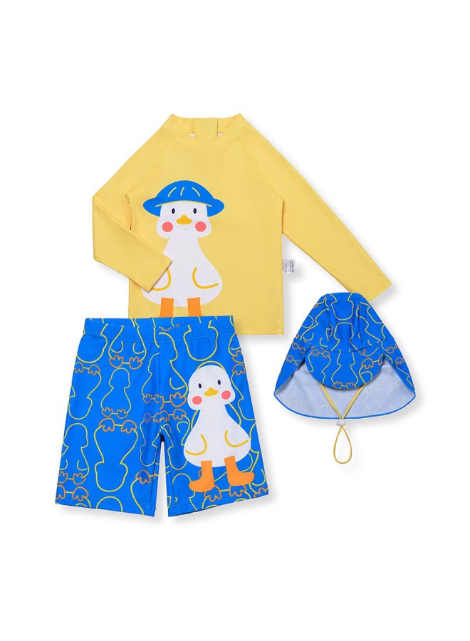 إسكدنيا ملابس سباحة للأطفال ملابس سباحة للأولاد بدلة سباحة واقية من الشمس بأكمام طويلة سريعة الجفاف للأولاد ملابس سباحة احترافية للأولاد - اللون: F001: بدلة سباحة من الصلب بخوذة بطة، مقاس قبعة السباحة المرس - Image 1