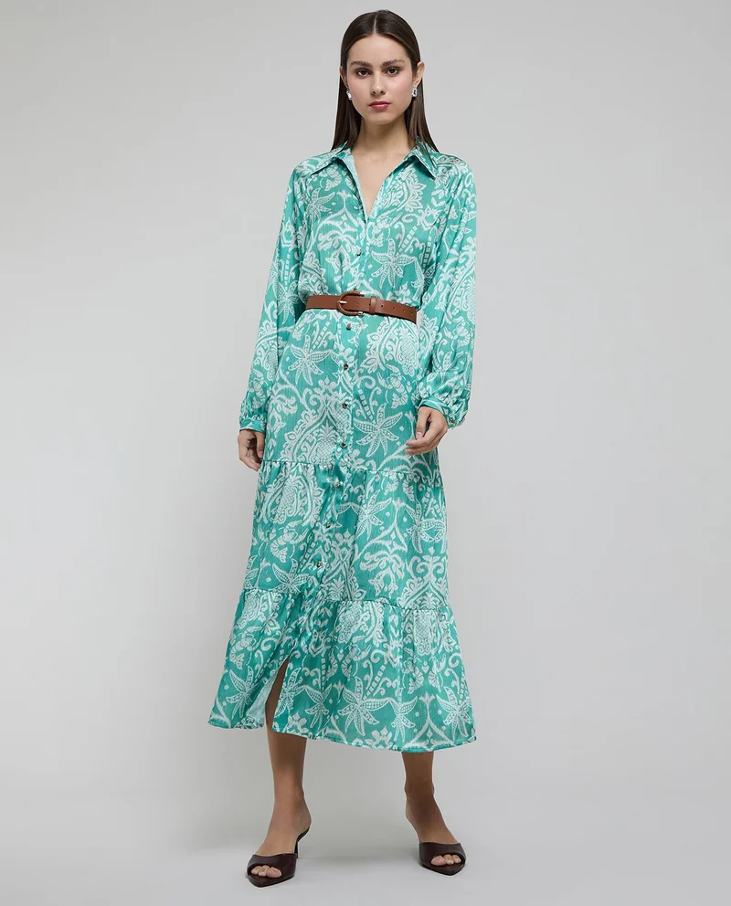 أر أند بي Printed Shirt Dress with Long Sleeves