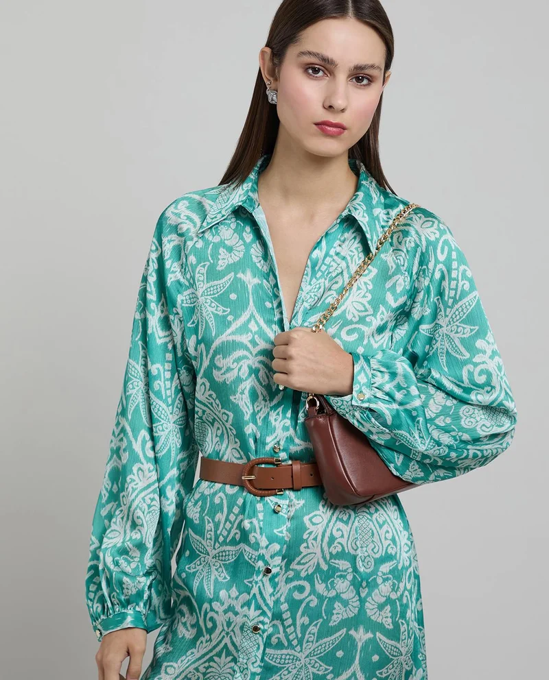 أر أند بي Printed Shirt Dress with Long Sleeves