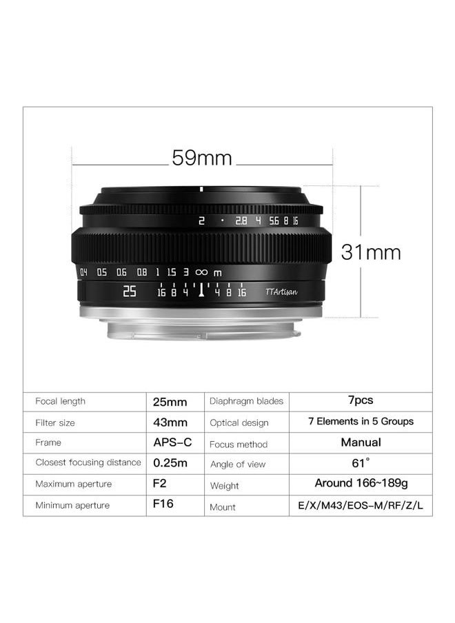 TTArtisan TTArtisan 25mm F2 Wide-Angle APS-C Camera Lens Large Aperture Manual Fixed Camera Lens Compatible with Fuji X-Mount Cameras X-A2 X-A2 X-A3 X-A5 X-A7 X-H1 XT1 X-T2 X-T3 X-T20 X-T30 X-T100 X-T200 X-PRO1  - Image 4