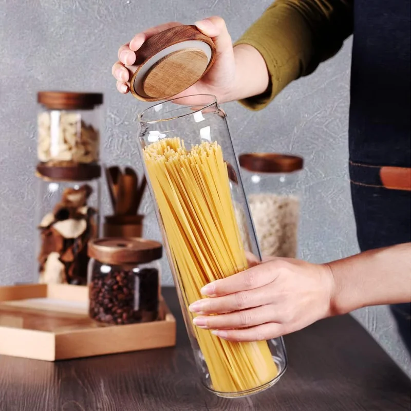 QUESERA Quesera  Glass Storage Container jars set of 5 with Airtight Acacia Lid for Coffee Beans, Flour, Sugar, Rice and Spaghetti and etc WITH PREPRINTED PANTRY LABELS