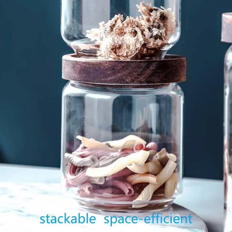 QUESERA Quesera  Glass Storage Container jars set of 5 with Airtight Acacia Lid for Coffee Beans, Flour, Sugar, Rice and Spaghetti and etc WITH PREPRINTED PANTRY LABELS