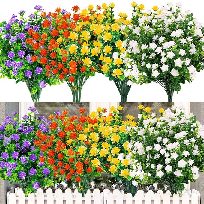12 BUNDLES ARTIFICIAL FLOWERS4 COLOR FAKE FLOWERS IN BULKARTIFICIAL PLANTS OUTDOOR UV RESISTANT PLASTIC SHRUBS FOR HOME GARDEN WINDOW WEDDING DECOR