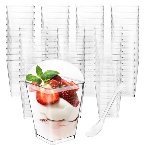 Monrocco 50 Pack 5 oz Plastic Dessert Cups with Lids and Spoons, Small Parfait Yogurt Pudding Cups with Lids for Party, Clear Mini Dessert Shooter Cup for Fruit Trifle Ice Cream - Image 1