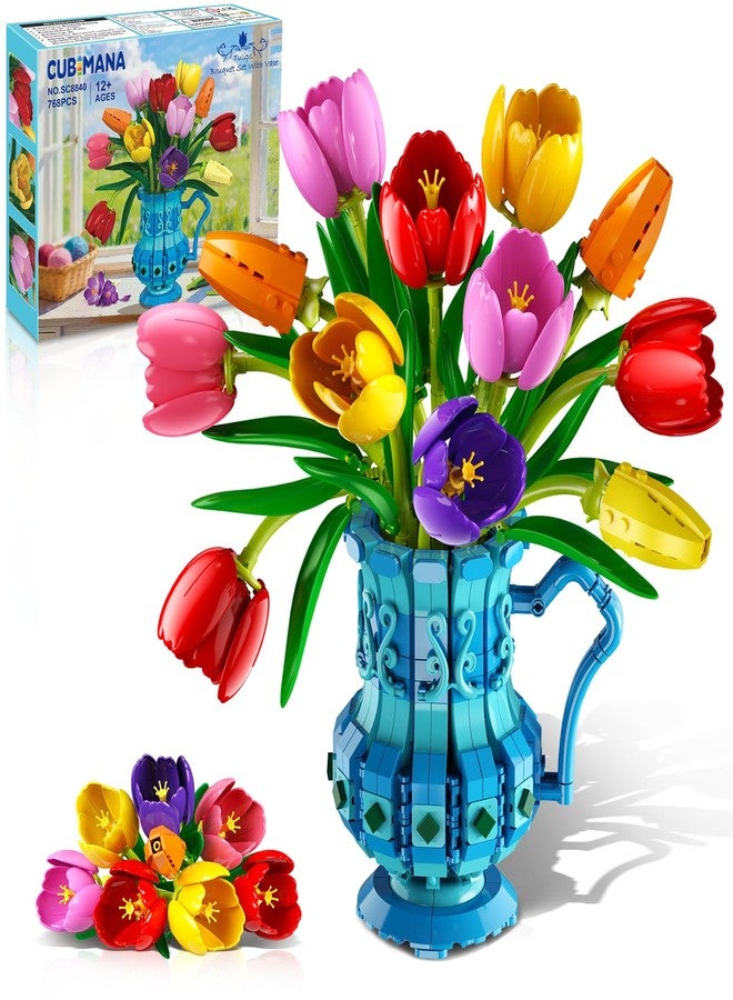 CUBIMANA CUBlmana Bouquet Kit with Vase - Tulip Flower Set Bonsai Botanical Toys for Adults, 768 Pieces Artificial Plant for Room Decoration, Women Girls 12+ - Image 1