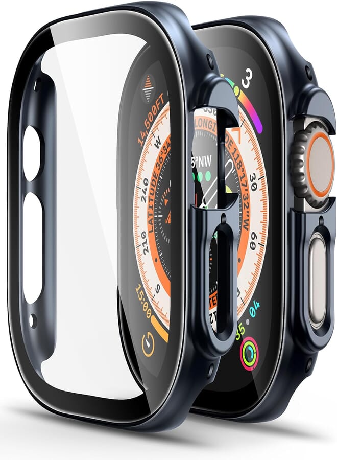 LK 2 Pack Tempered Glass Hard PC Case Compatible with Apple Watch Ultra 49mm Screen Protector, [9H Hardness] [HD Clear] [Touch Sensitive] Full Protection Case for iWatch Ultra,Black