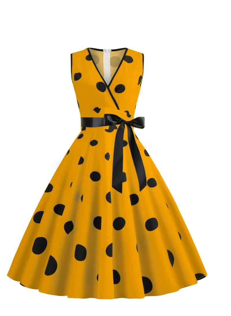 Loquat V-neck Sleeveless Polka Dot Lace Up Waist Retro Large Swing Dress Yellow  - Image 1