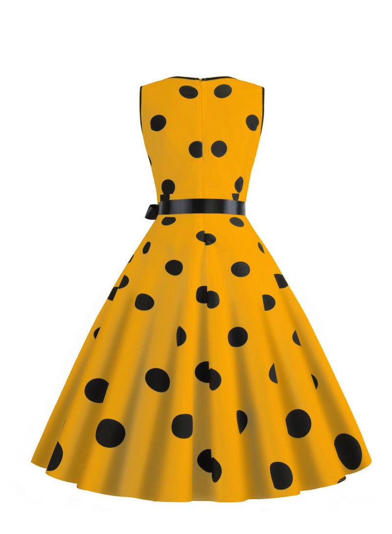 Loquat V-neck Sleeveless Polka Dot Lace Up Waist Retro Large Swing Dress Yellow  - Image 2