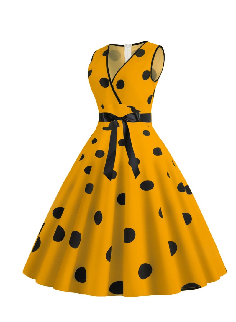 Loquat V-neck Sleeveless Polka Dot Lace Up Waist Retro Large Swing Dress Yellow  - Image 3