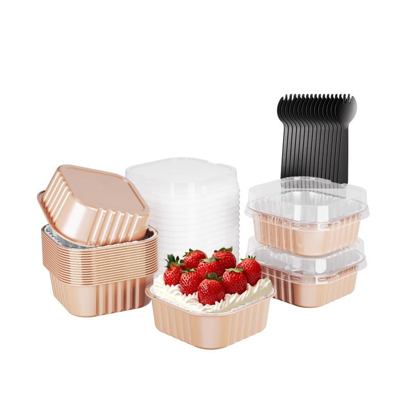 Ksmxos 15 Pack Square Mini Cake Pans with Lids,Mini Loaf Pans with Lids,Disposable Ramekins Cupcake Cups,Aluminum Foil Baking Cups,Muffin Tins,Dessert Cups for Wedding Birthday Party,10oz (Champagne) - Image 1