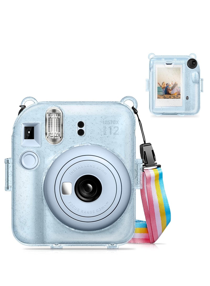 Protective Clear Case for Fujifilm Instax Mini 12 Instant Camera/Crystal Hard Shell Cover w/Upgraded Film Pocket for Storing Photos & Removable Shoulder Strap (Transparent Blue) - Image 1