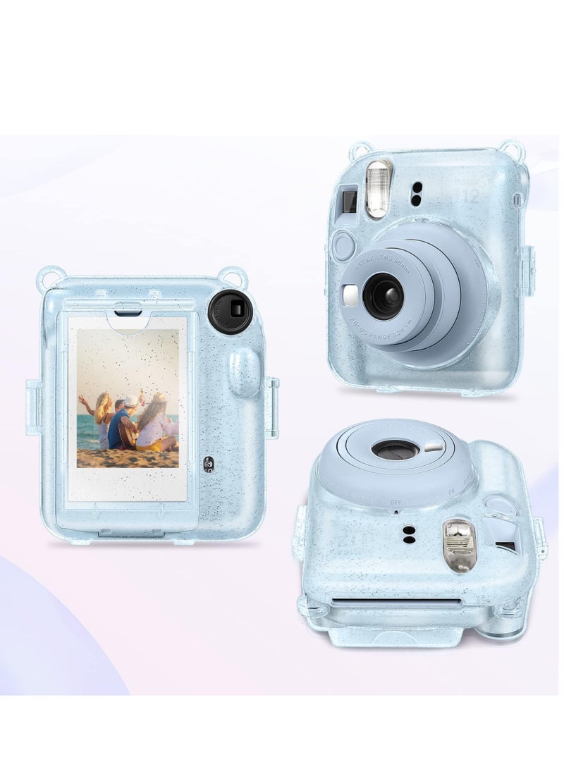 Protective Clear Case for Fujifilm Instax Mini 12 Instant Camera/Crystal Hard Shell Cover w/Upgraded Film Pocket for Storing Photos & Removable Shoulder Strap (Transparent Blue) - Image 2