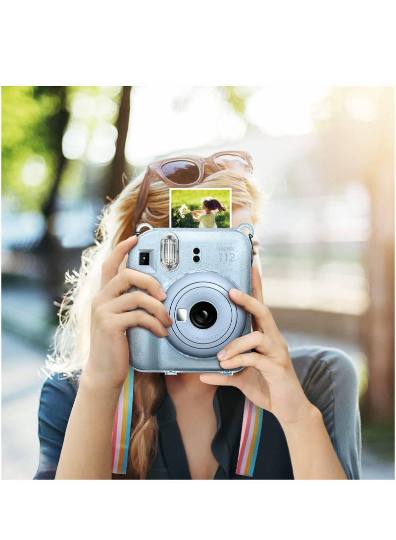 Protective Clear Case for Fujifilm Instax Mini 12 Instant Camera/Crystal Hard Shell Cover w/Upgraded Film Pocket for Storing Photos & Removable Shoulder Strap (Transparent Blue) - Image 3