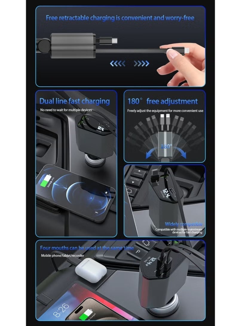 Retractable Car Charger, 4-in-1 Fast Car Phone Charger with 2 Retractable Cable and Type-C & Quick Charge USB Port for iPhone 15/14/13/12Pro Max/XR/XS,Galaxy,Pixel - Image 4