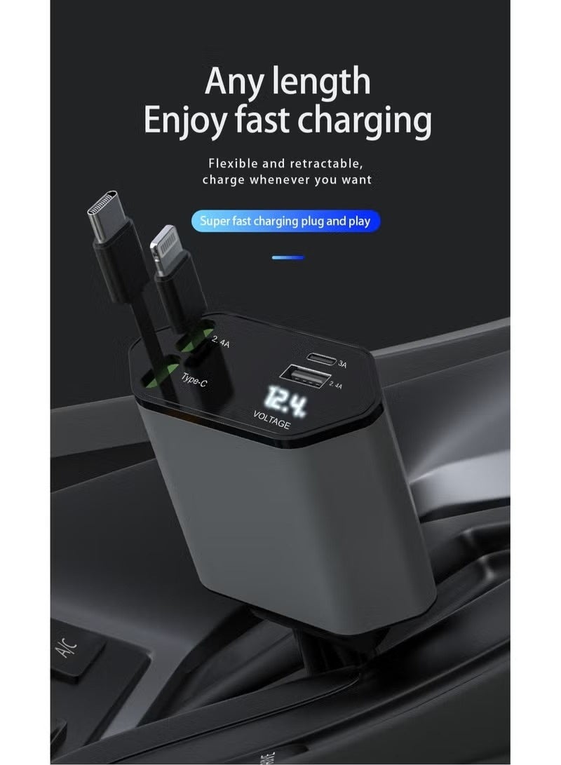 Retractable Car Charger, 4-in-1 Fast Car Phone Charger with 2 Retractable Cable and Type-C & Quick Charge USB Port for iPhone 15/14/13/12Pro Max/XR/XS,Galaxy,Pixel - Image 3