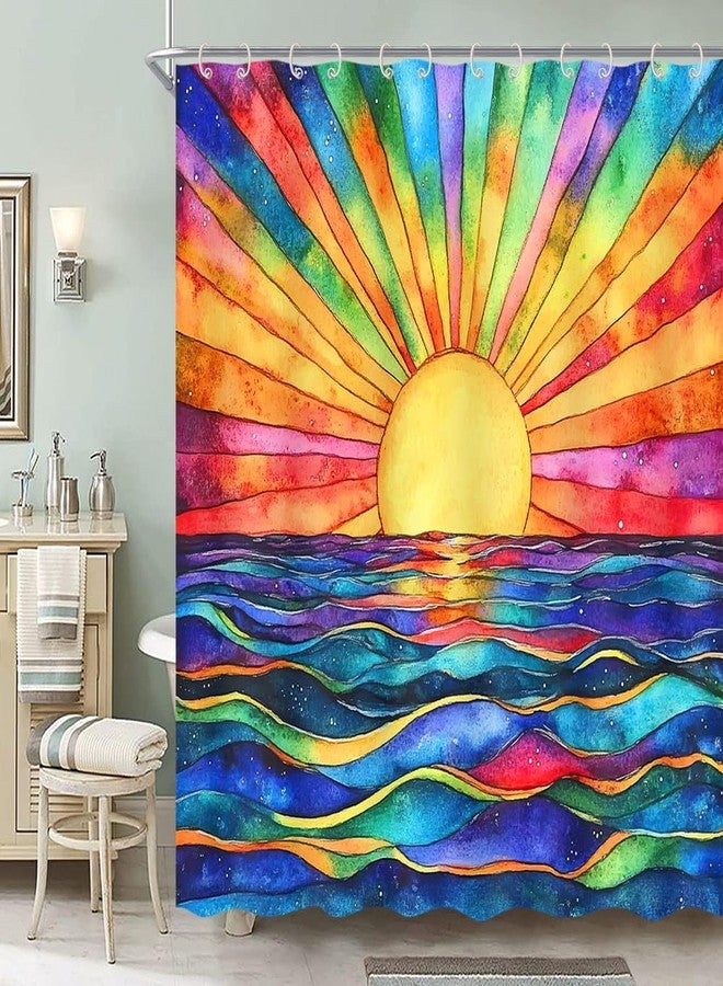 DeeCabin Boho Shower Curtains for Bathroom, Retro Abstract Colorful Sun Shower Curtain, Modern Geometric Sunshine Sunrise Sunset Ocean Sea Waves Bath curtain Art Home Decor Waterproof Fabric 12Hooks, 70X70 - Image 2