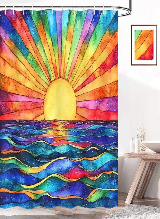 DeeCabin Boho Shower Curtains for Bathroom, Retro Abstract Colorful Sun Shower Curtain, Modern Geometric Sunshine Sunrise Sunset Ocean Sea Waves Bath curtain Art Home Decor Waterproof Fabric 12Hooks, 70X70 - Image 1