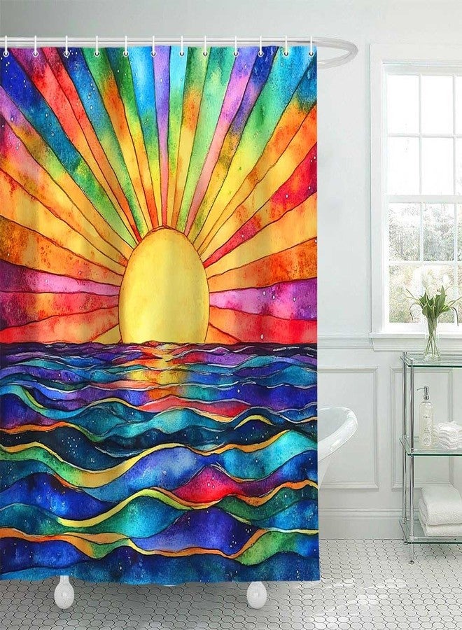 DeeCabin Boho Shower Curtains for Bathroom, Retro Abstract Colorful Sun Shower Curtain, Modern Geometric Sunshine Sunrise Sunset Ocean Sea Waves Bath curtain Art Home Decor Waterproof Fabric 12Hooks, 70X70 - Image 3